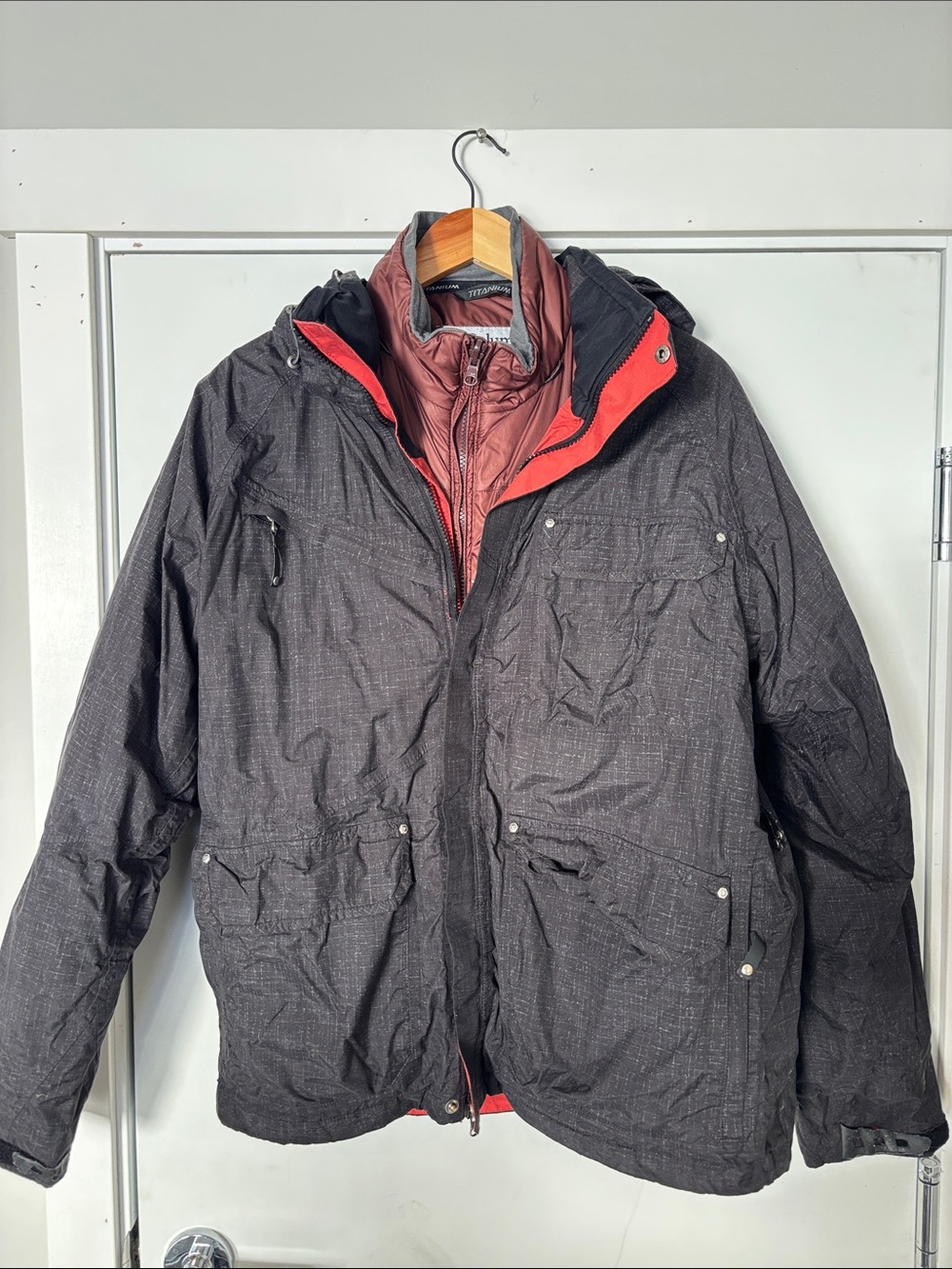 Men's Black Ski Jacket with Red Accent Hood